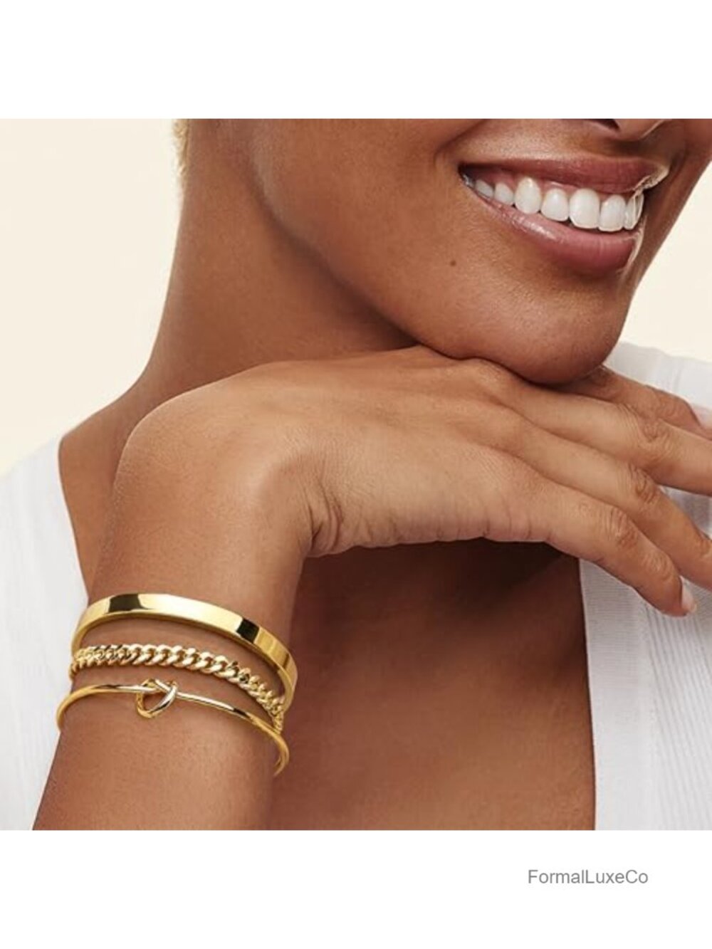 Dainty 14K Gold Cuban Forever Love Knot Bangle Cuff Bracelet Set - Picture 2 of 6